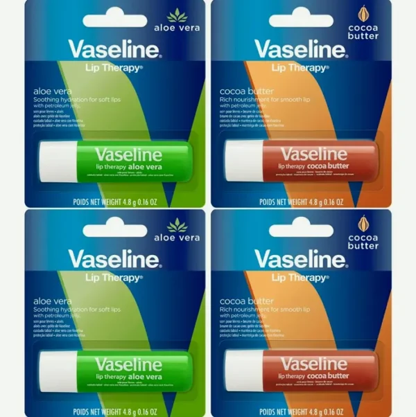 Vaseline's Lip Therapy Variety 4-Pack – Cocoa + Aloe Vera Moisturizing Lip Balm containing Vit E, 0.16 Oz Ea