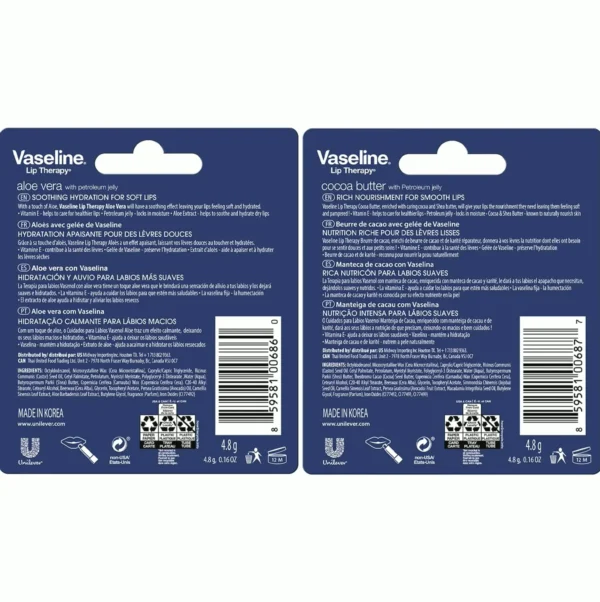 Vaseline's Lip Therapy Variety 4-Pack – Cocoa + Aloe Vera Moisturizing Lip Balm containing Vit E, 0.16 Oz Ea